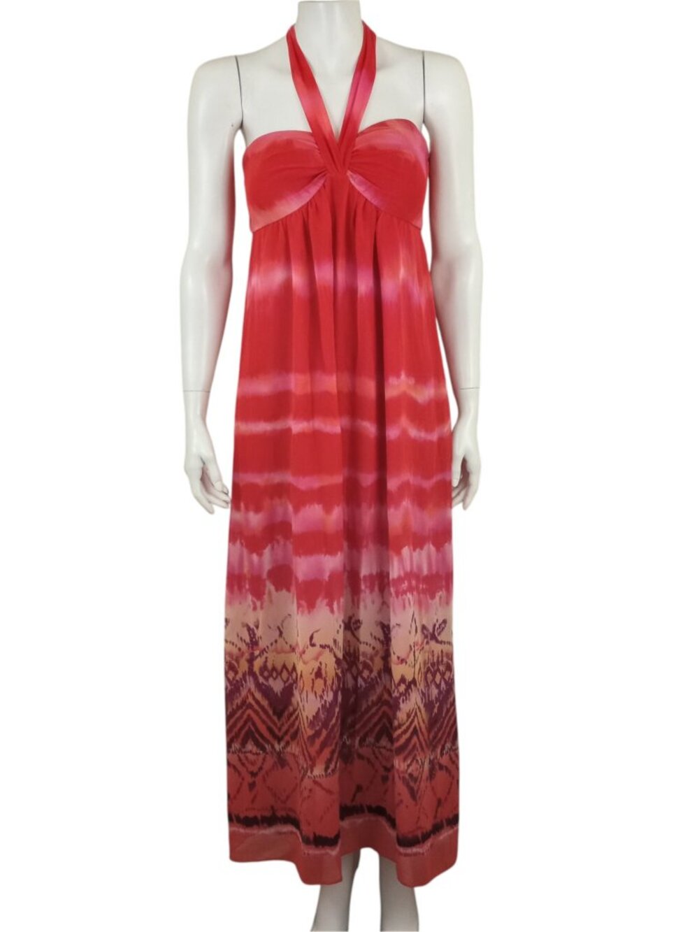 MSK Coral Tie Dye Halter Empire Maxi Dress sz 8 Boho Geometric Print Hem